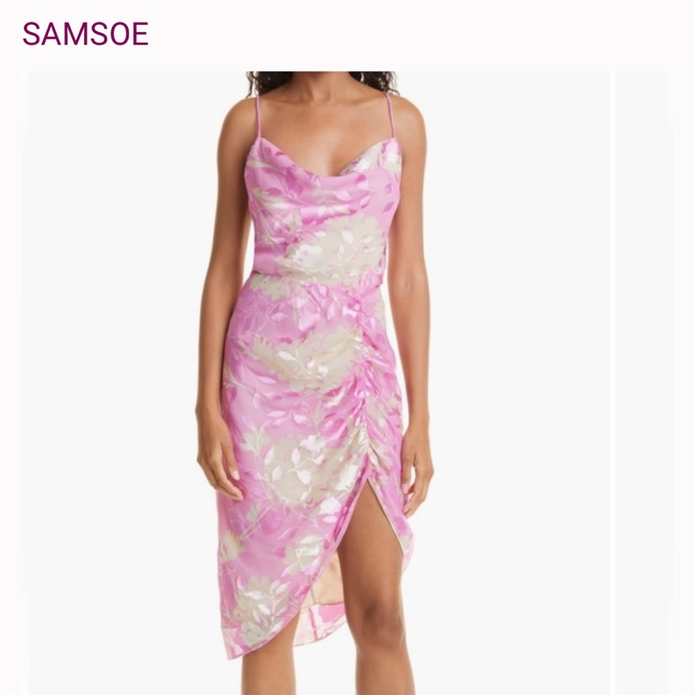 SAMSOE Pink and White Ruched Asymmetrical Dress